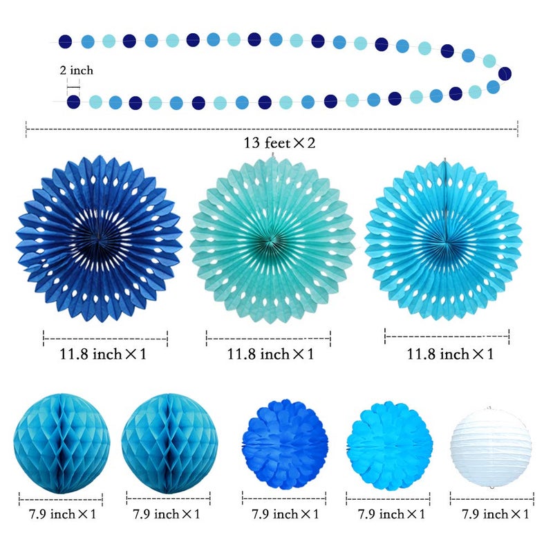 Decor365 Blue Birthday Party Decorations Kit Paper Fans Pom Poms Circle Dot Garlands Ocean Theme Hanging Decor Under the Sea Beach Baby Shower Wedding Classroom Summer Anniversary Kids Room - Image 3